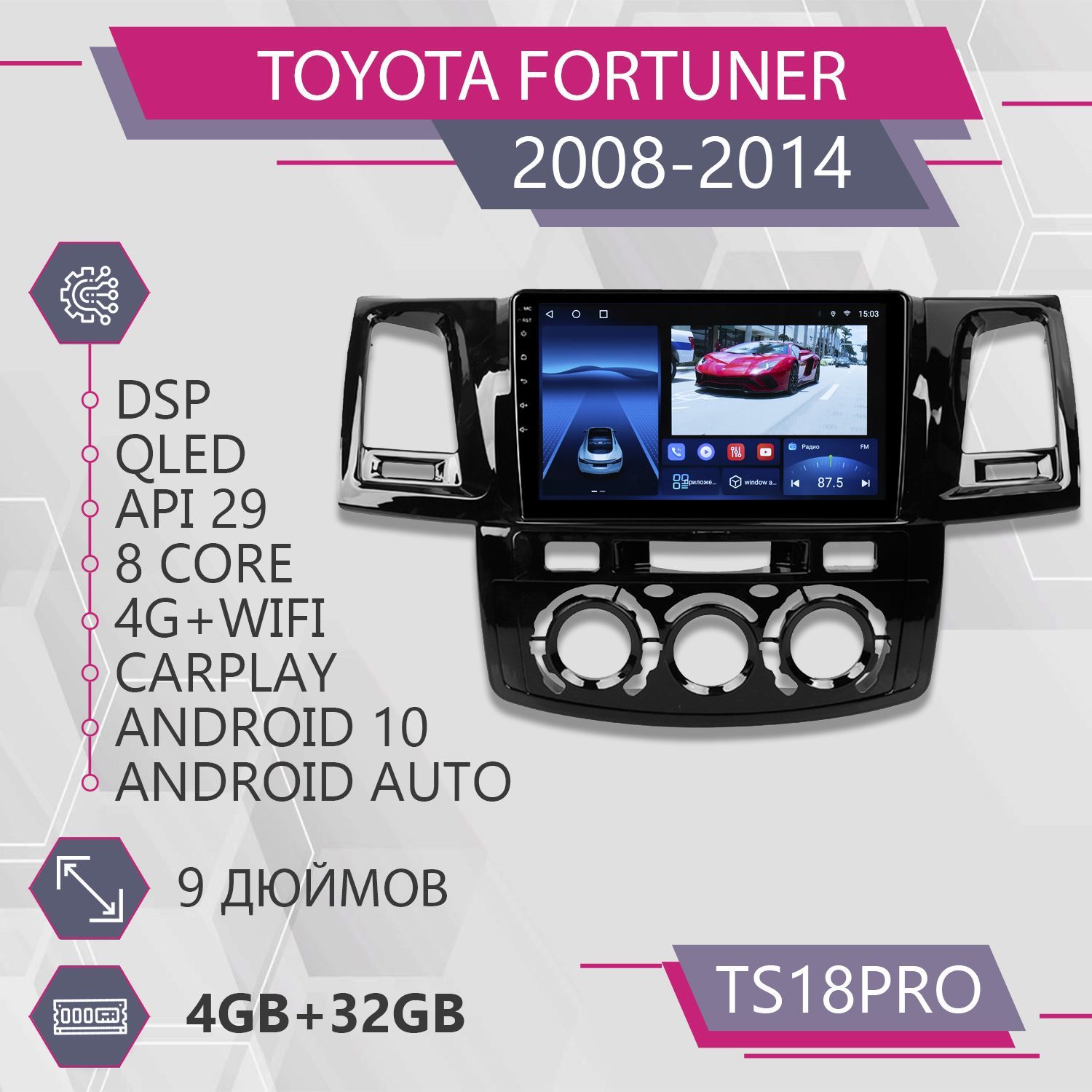 Магнитола Точка Звука TS18Pro для Toyota Fortuner 1 HILUX Тойота комплект F1 432GB 1999900₽