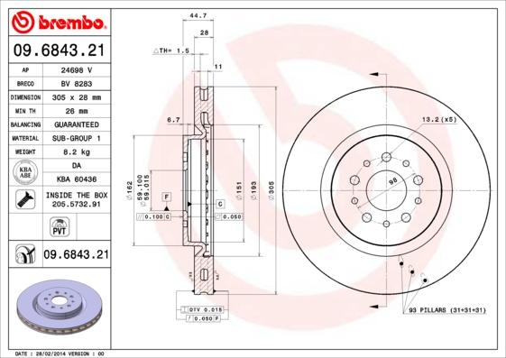 

BREMBO Диск тормозной передн ALFA ROMEO: 147 03-, 156 02-05, 156 Sportwagon 02-06, GTV 96-