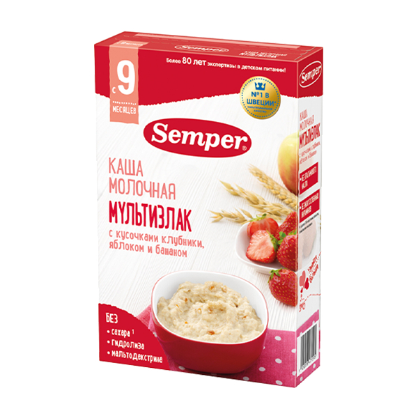 Каша Мультизлаковая с кусочками клубники яблоком и бананом молочная с 9 месяцев 180г