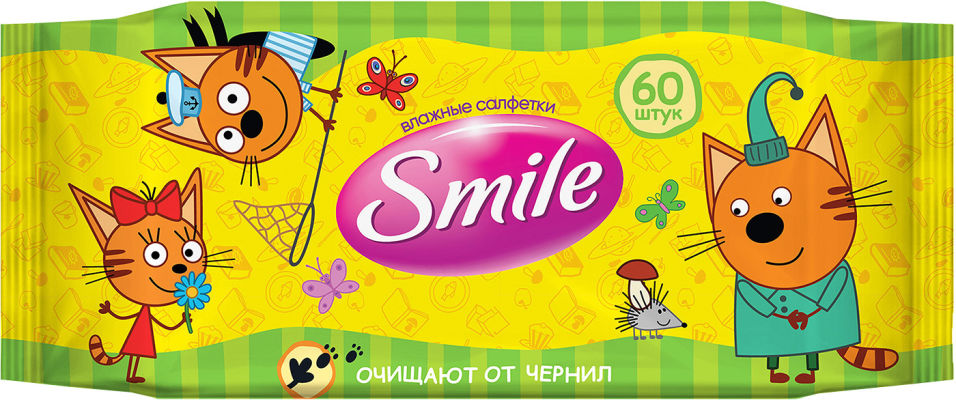 фото Салфетки влажные smile три кота очищающие 60шт в ассортименте