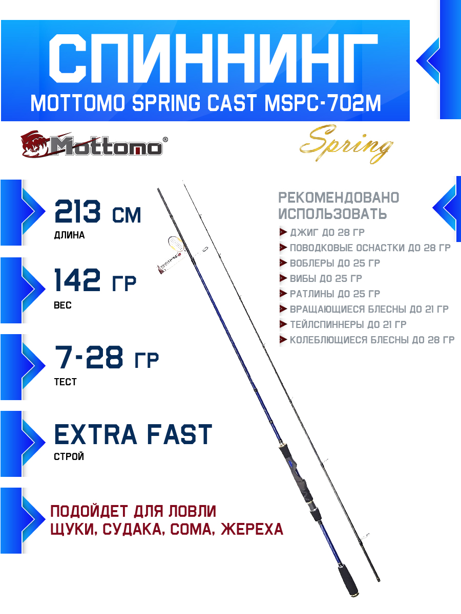 Спиннинг кастинговый Mottomo Spring Cast MSPC-702M 213см/7-28g