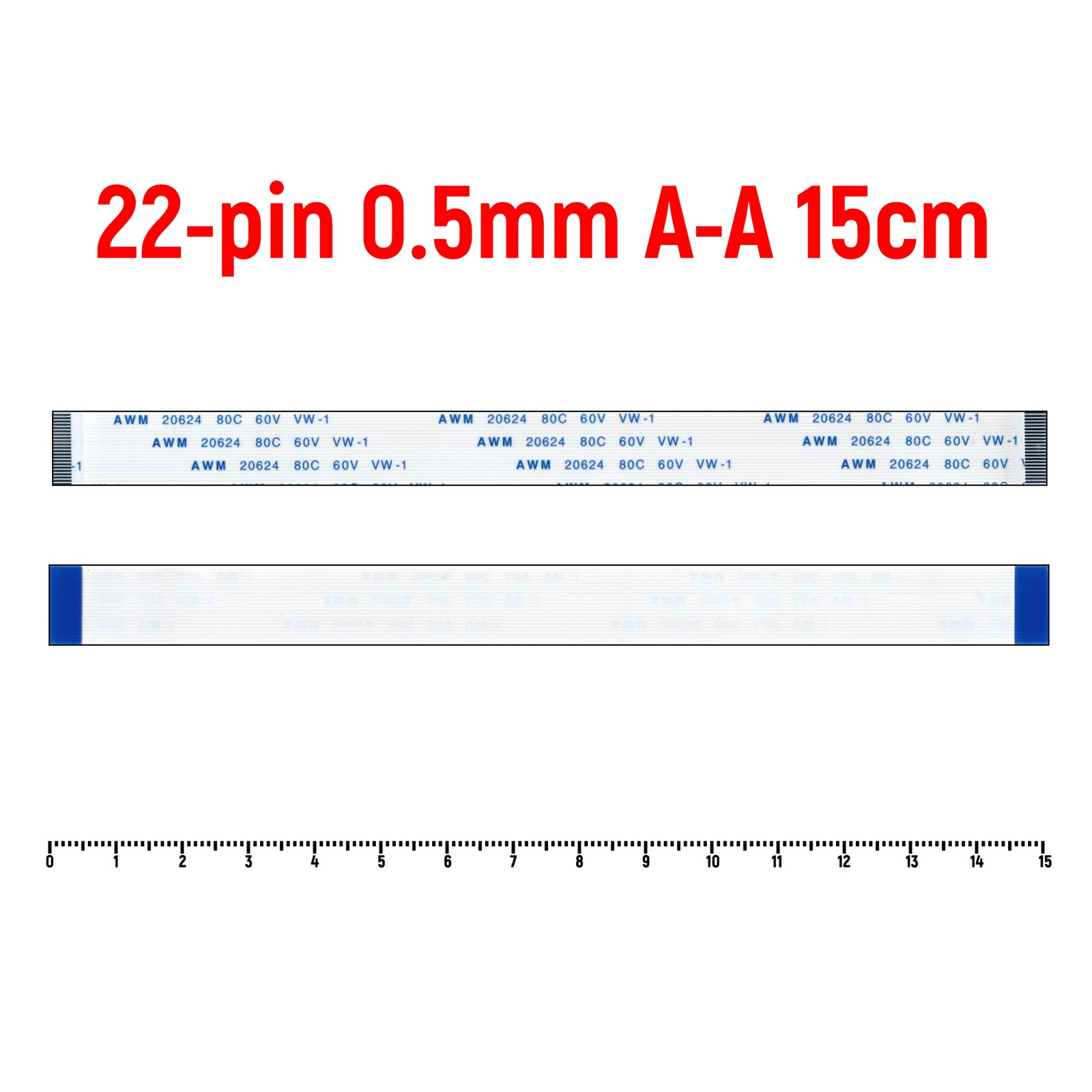 

Шлейф FFC 22-pin Шаг 0.5mm Длина 15cm Прямой A-A AWM 20624 80C 60V VW-1