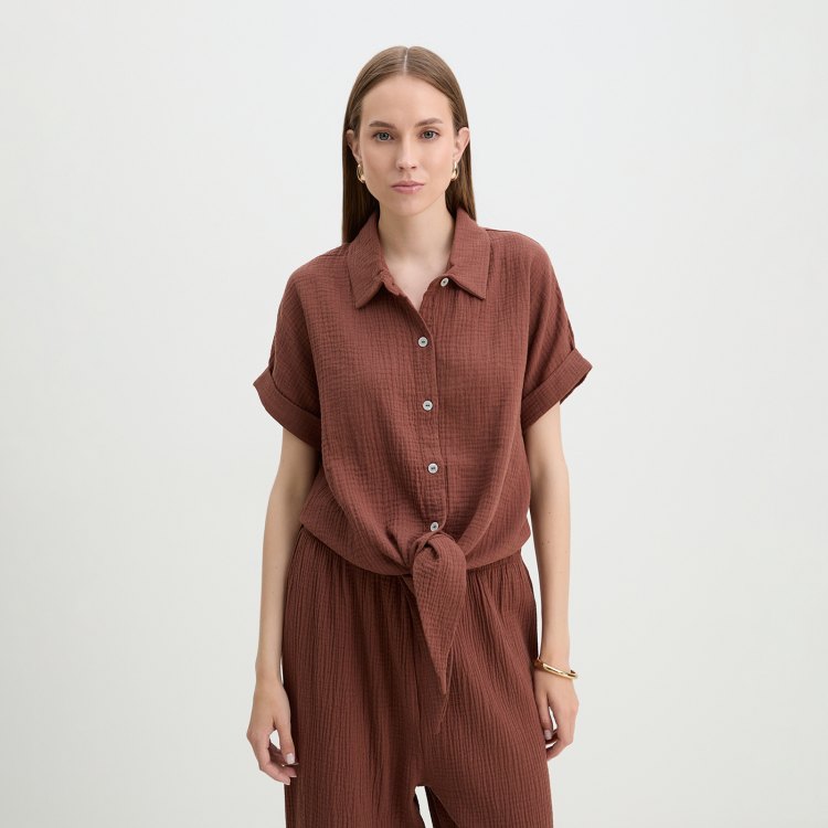 

Рубашка женская Maison David BLN921 коричневая S, Коричневый, BLN921