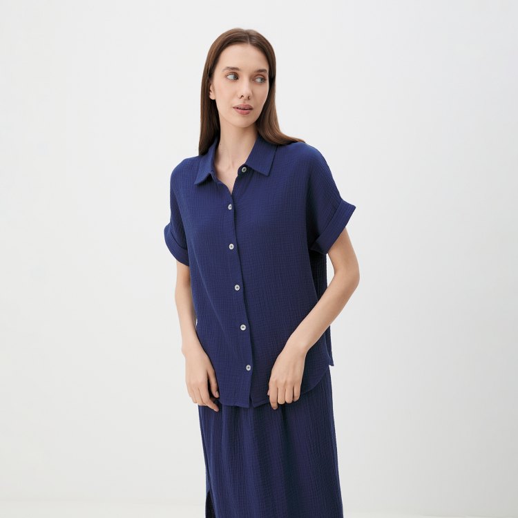 

Рубашка женская Maison David BLN921-1 синяя S, Синий, BLN921-1