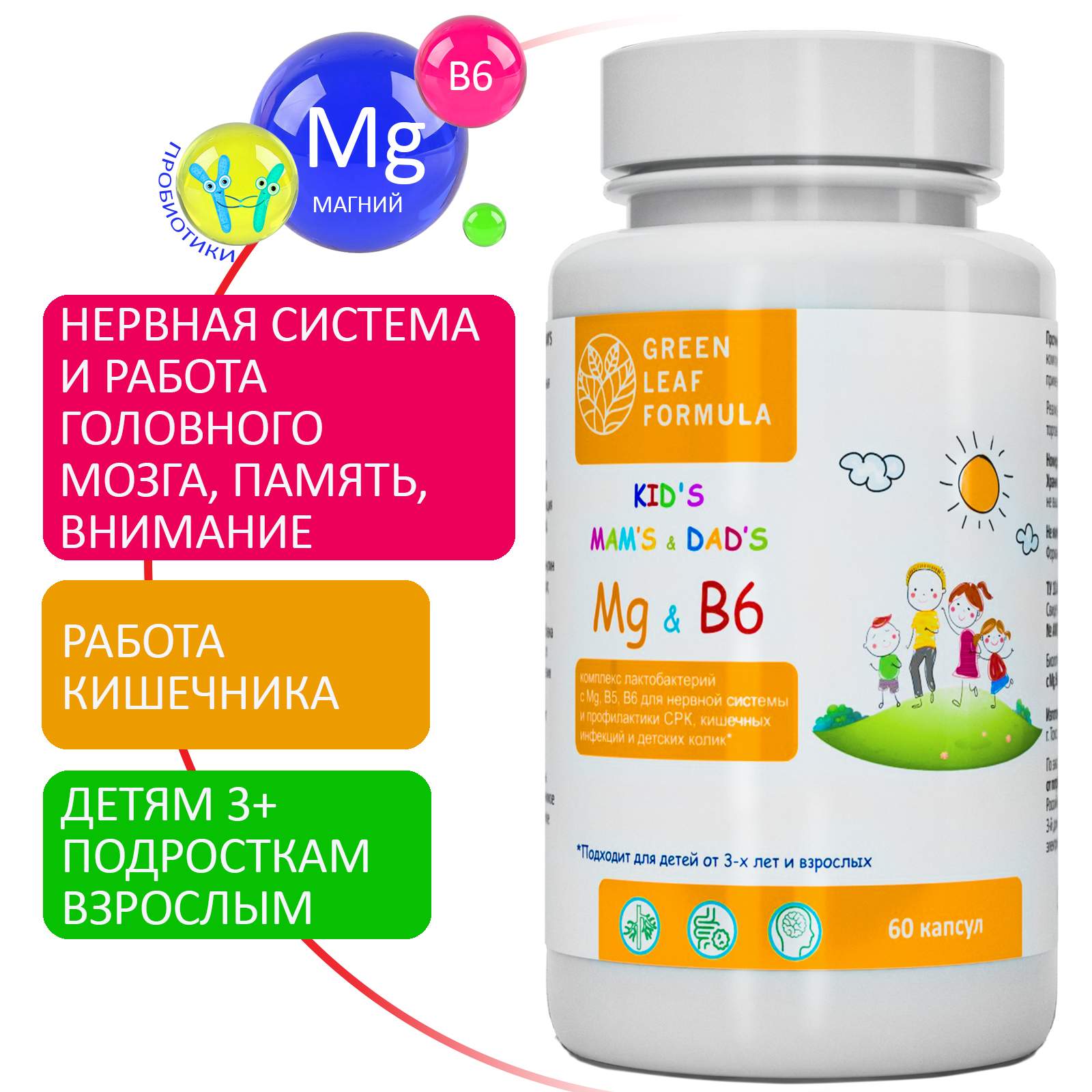 

Магний В6 Green Leaf Formula для детей, с лактобактериями, 416 мг, капсулы 60 шт