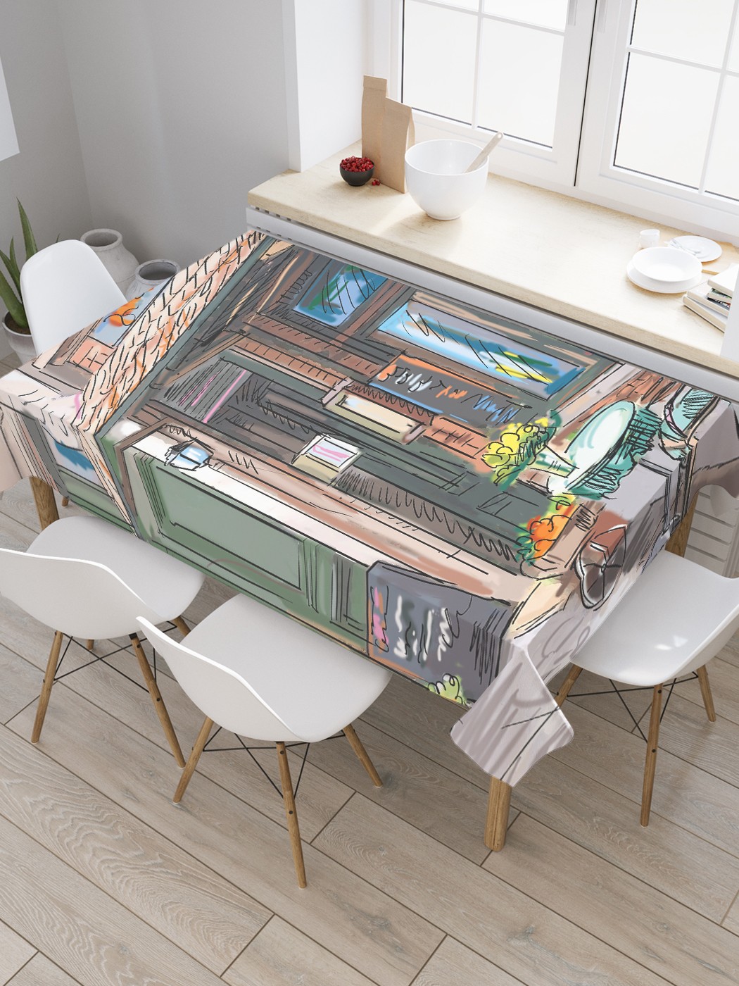 

Скатерть прямоугольная JoyArty "Французские уличные кофейни" из оксфорда, 120x145 см, Коричневый, Французские уличные кофейни