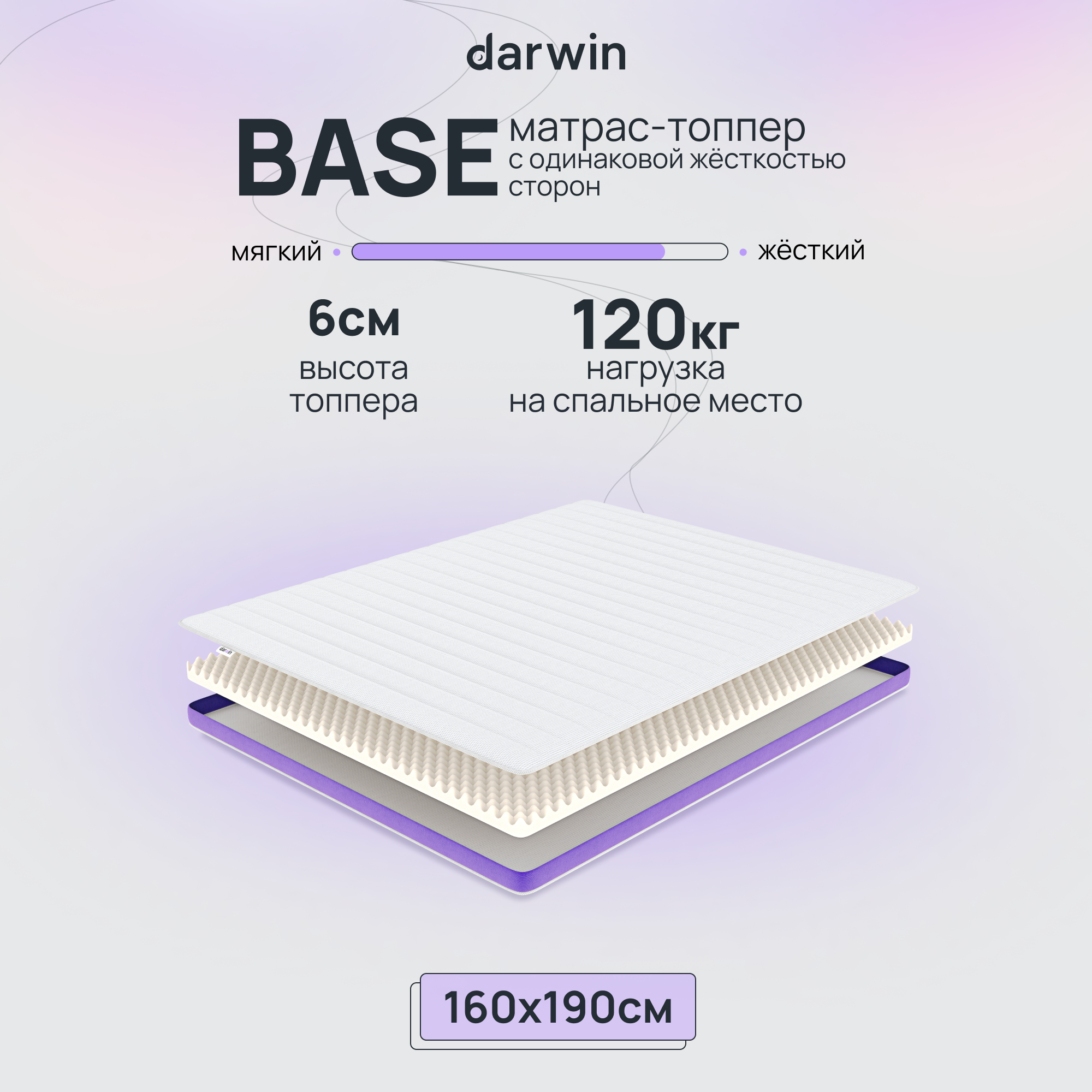 фото Матрас-топпер беспружинный darwin base 160х190, 6 см высота, белый