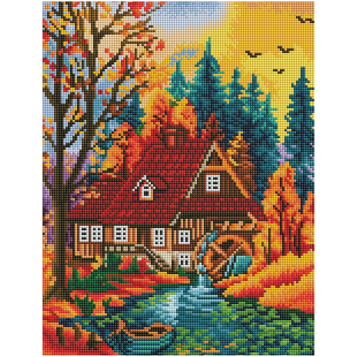 Алмазная мозаика Три совы Дом в осеннем лесу, 30х40 см