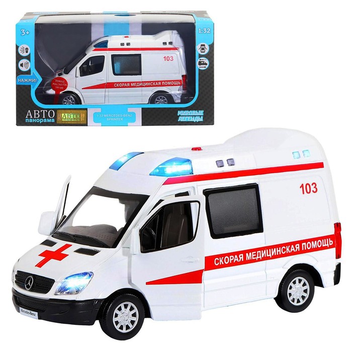 

Автопанорама Машина металлическая Mercedes Sprinter. Скорая помощь 1:32, инерция, цвет бел