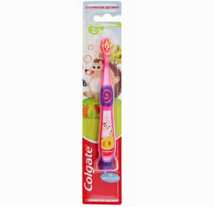 Детская зубная щетка Colgate 2-5 лет супермягкая с ежиком розовая щетка бронзовая маленькая прямоугольная swix t0162sb