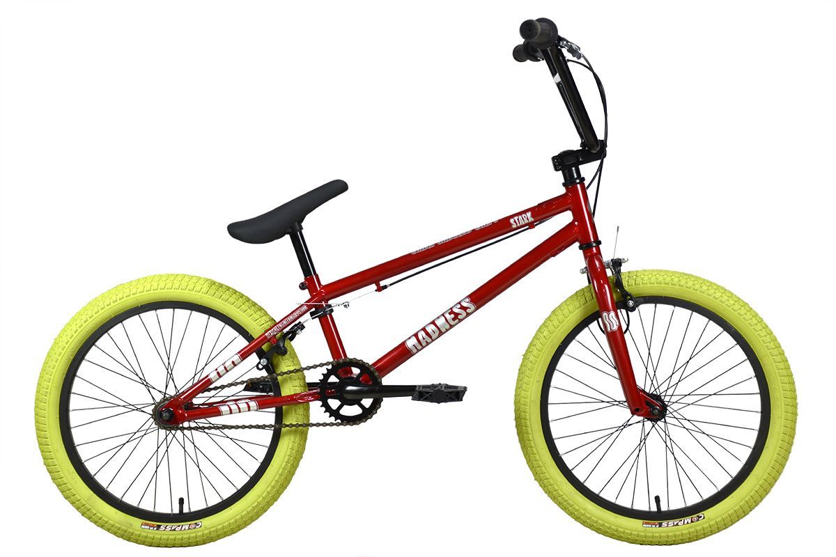 

Велосипед Stark Madness BMX 1 (2024) красный/серебристый/хаки 9", Madness BMX 1