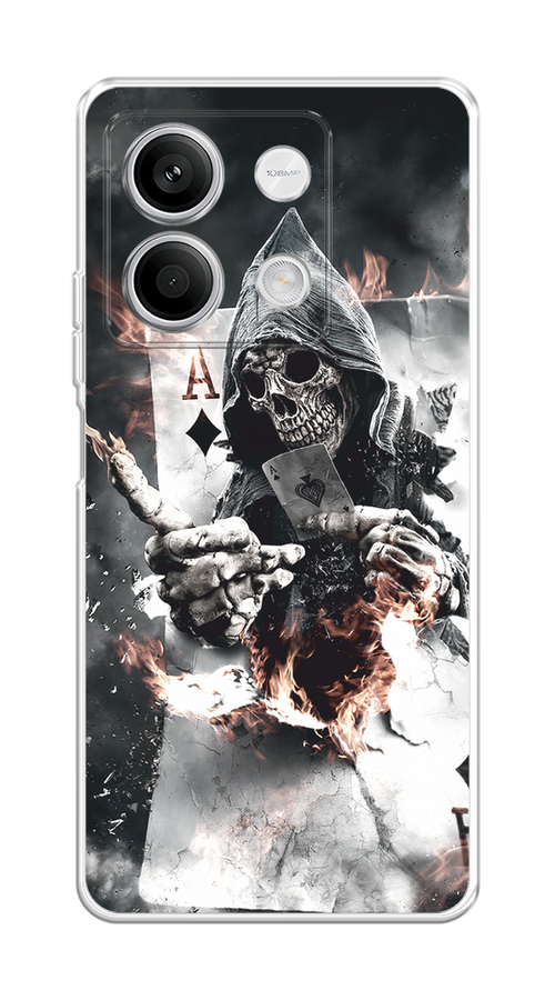 

Чехол на Xiaomi Redmi Note 13 5G "Карты черепа в капюшоне", Белый;серый, 320050-1