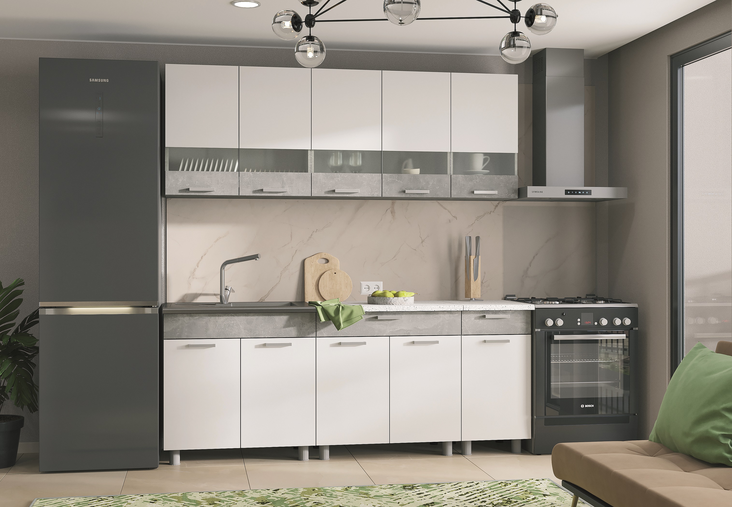 

Кухонный гарнитур Стендмебель Денвер 2 м, 1097828, Белый шагрень/Ателье светлое, Денвер 2