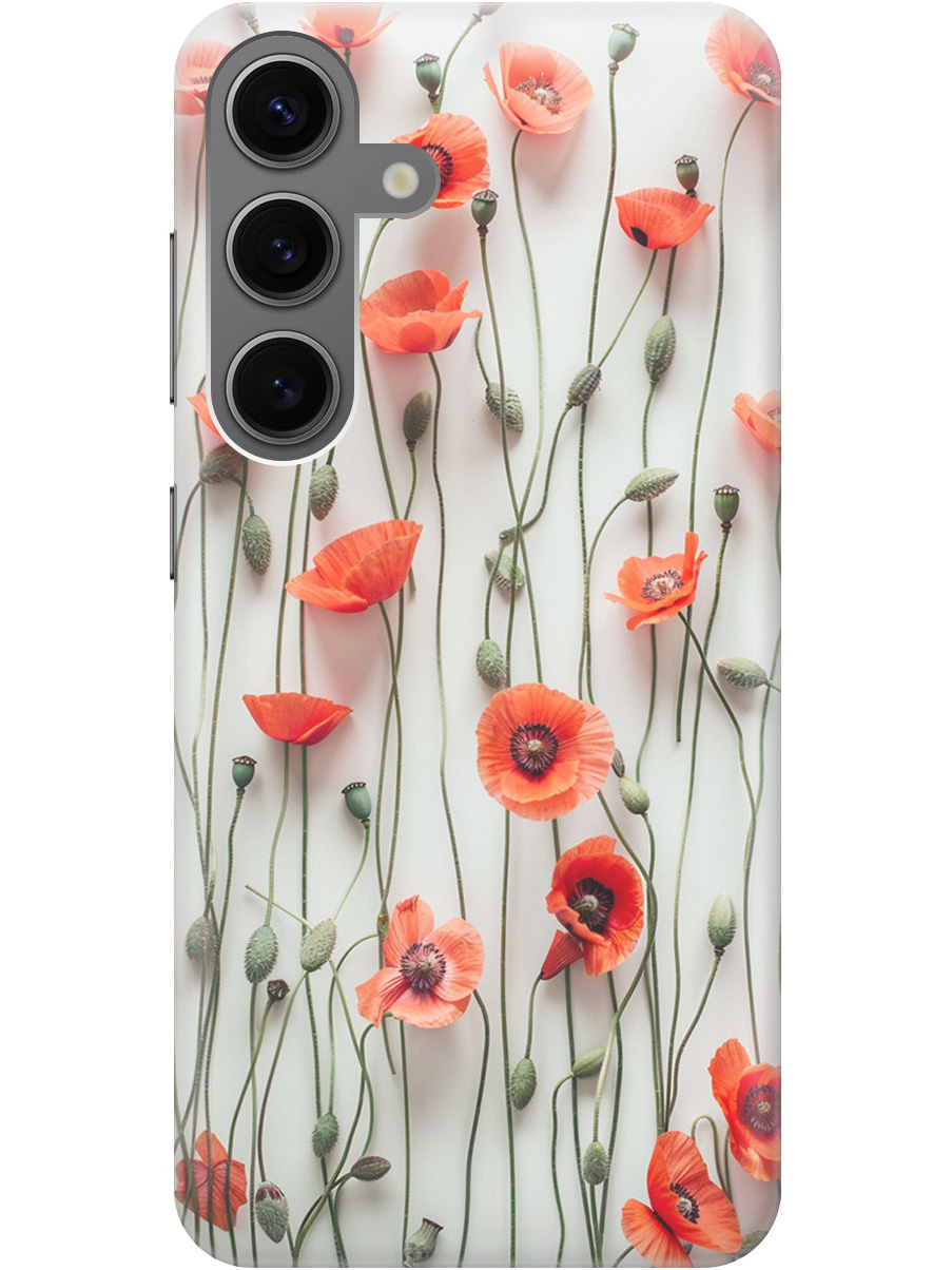 

Силиконовый чехол на Samsung Galaxy S24 с рисунком "Маки на белой стене", Белый;красный, 20011913