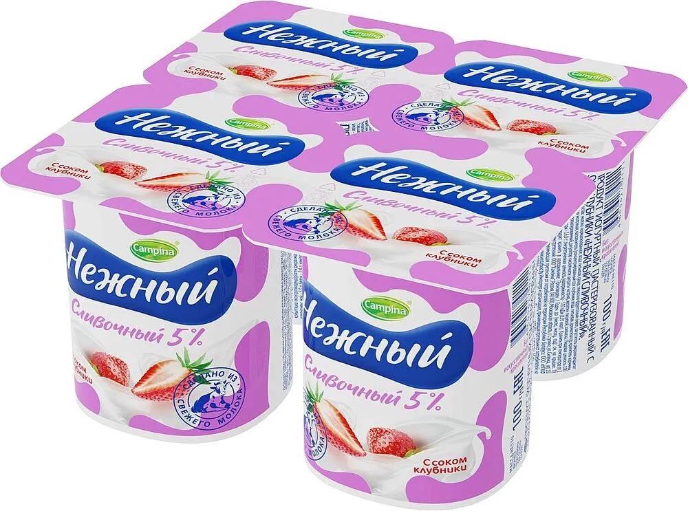 фото Продукт йогуртный campina нежный сливочный, с соком клубники, 5%, 100 г