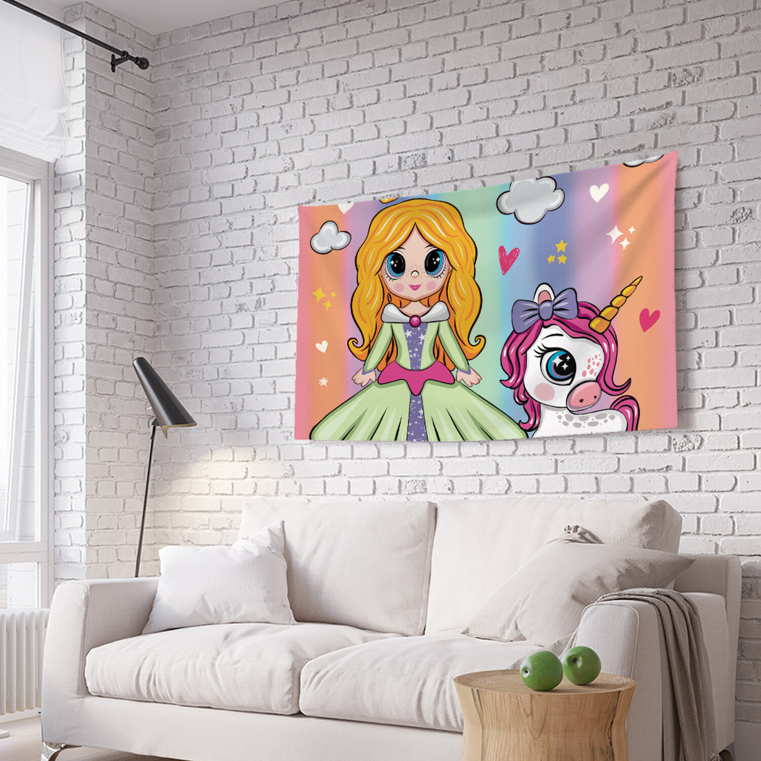 

Горизонтальное фотопанно на стену "Принцесса и единорог" из ткани 150х200 см, Принцесса и единорог