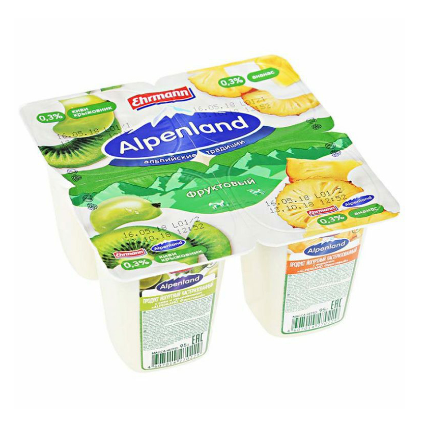 Продукт йогуртный Ehrmann Alpenland с киви крыжовником и ананасом 0,3%, 95 г