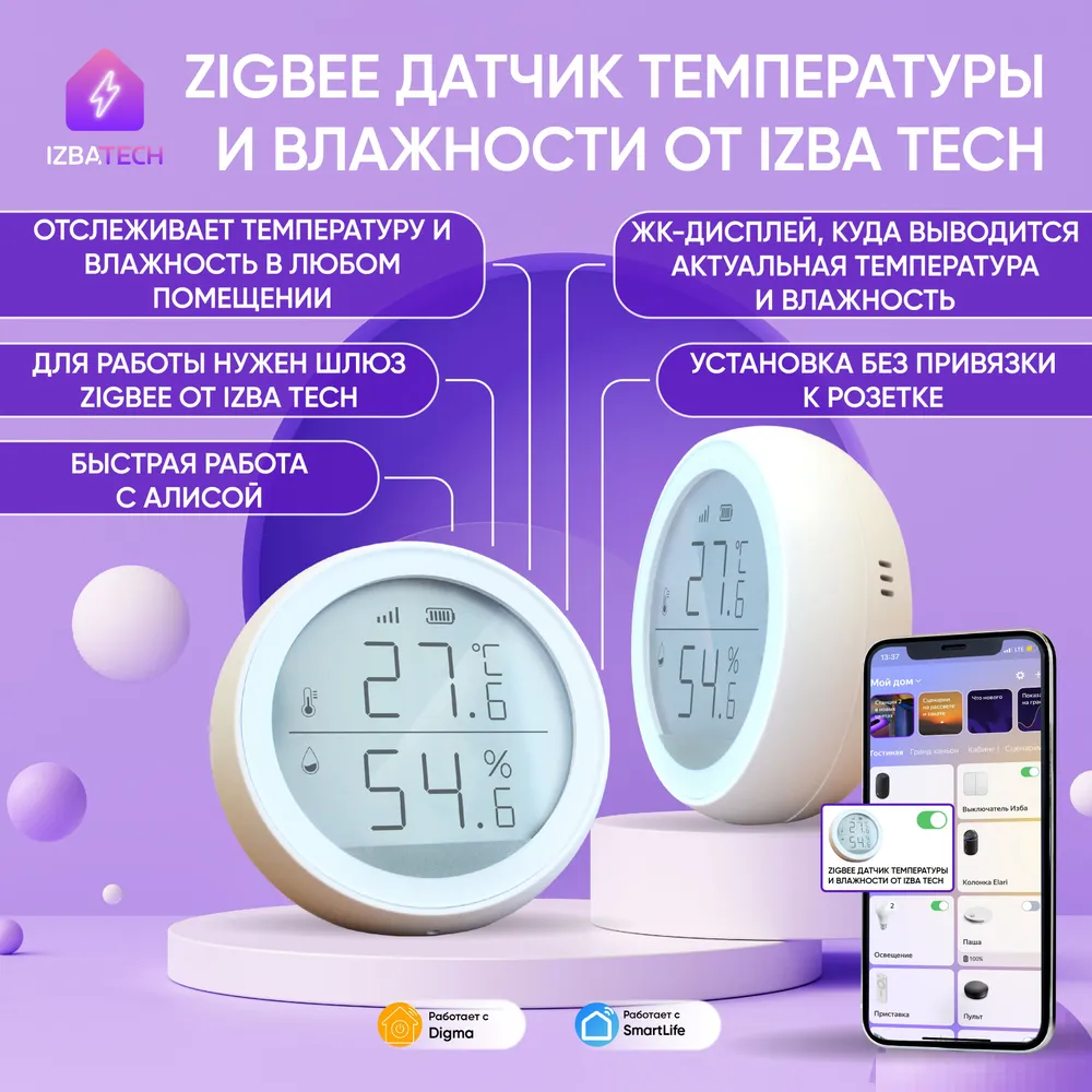 

Датчик температуры и влажности умный комнатный гигрометр-термометр Zigbee Izba Tech 0059-3, 0059