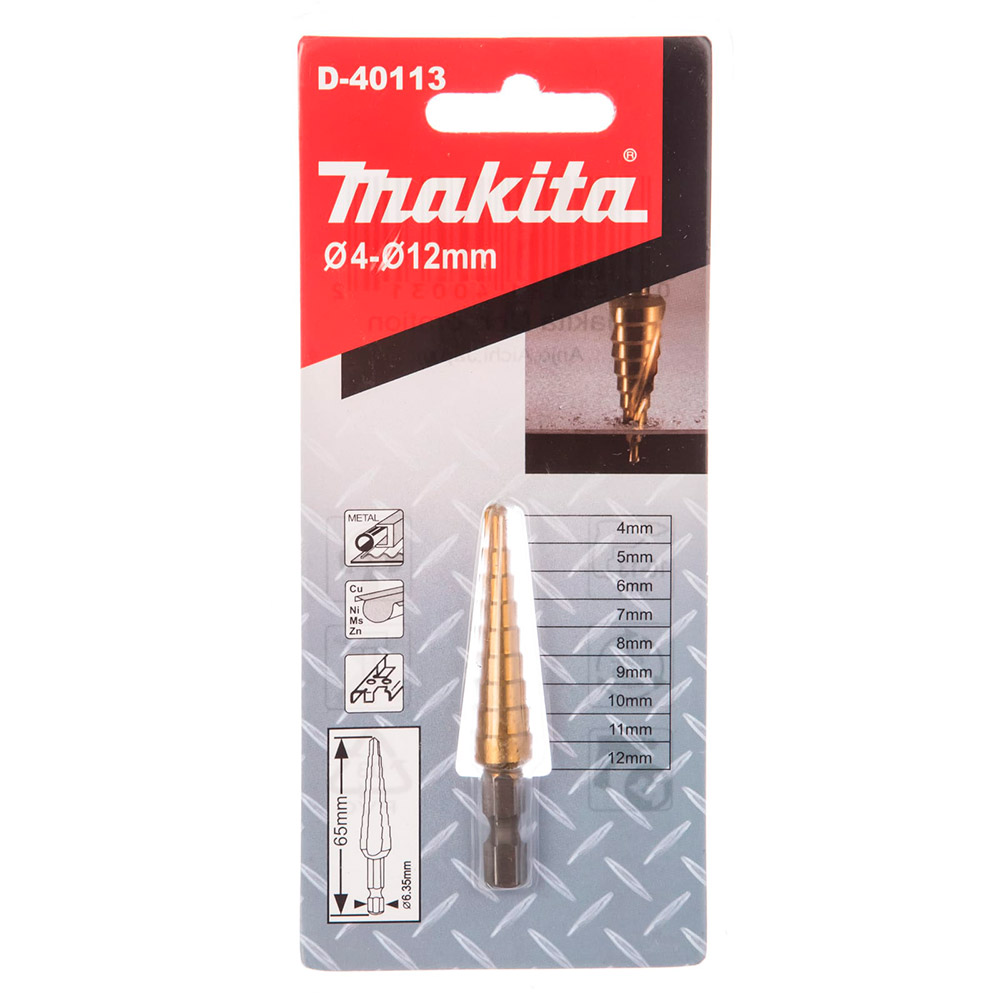 

Сверло ступенчатое Makita HSS-TiN с прямым желобком, 4-12, 1/4"