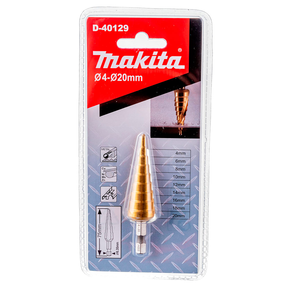 

Сверло ступенчатое Makita HSS-TiN с прямым желобком, 4-20, 1/4"