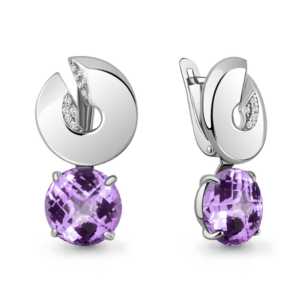 

Серьги подвески из серебра с аметистом/фианитом Aquamarine 4494304А, 4494304А_925_р