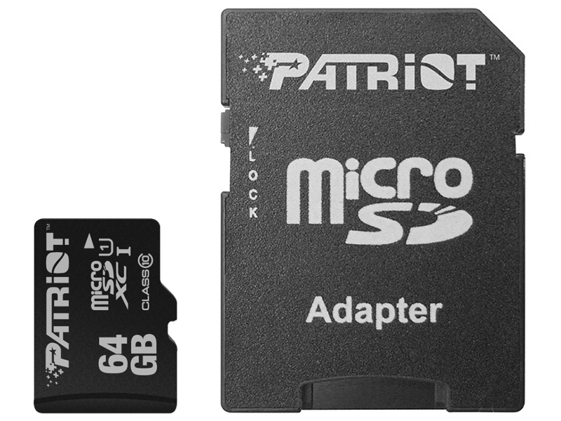 

Карта памяти Patriot Memory microSDXC Class10 PSF64GMCSDXC10 с переходником под SD, PSF64GMCSDXC10