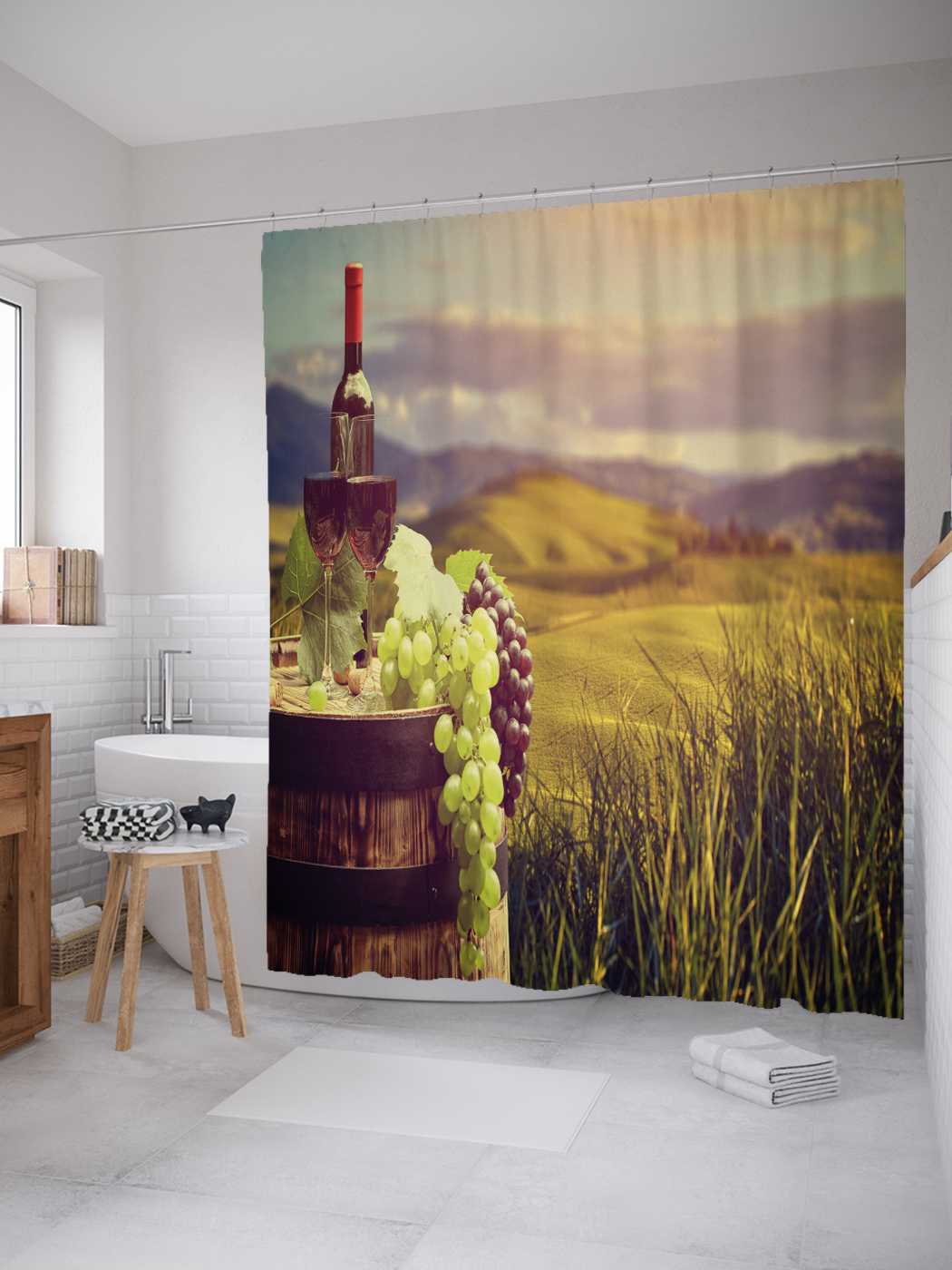фото Штора для ванной joyarty "пикник с вином" из сатена, 180х200 см с крючками