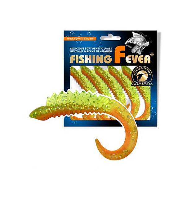 Твистер AQUA FishingFever REAL, 6,5cm, 2,5g, 5шт, 10NAM (прозрач. зелено-оранж. с блест.)