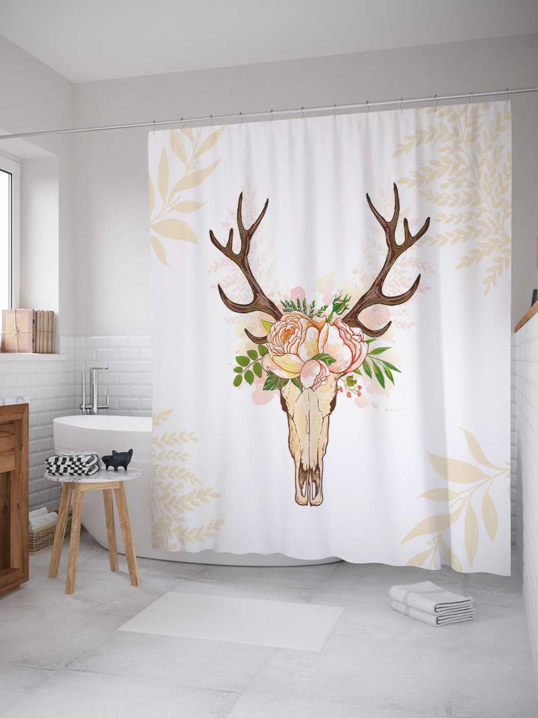 

Штора для ванной JoyArty "Череп оленя с розами" из сатена, 180х200 см с крючками, Белый