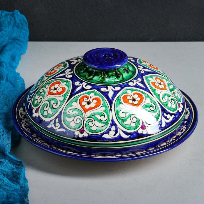 фото Блинница риштанская керамика "цветы", 26 см, синий nobrand