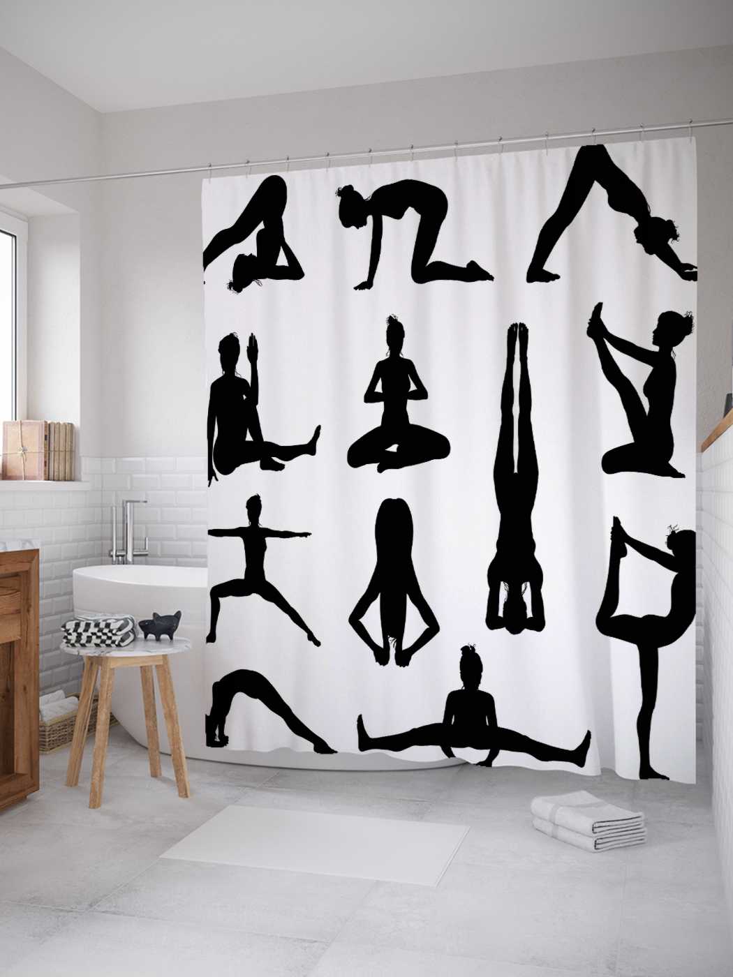 фото Штора для ванной joyarty "асаны йоги" из сатена, 180х200 см с крючками