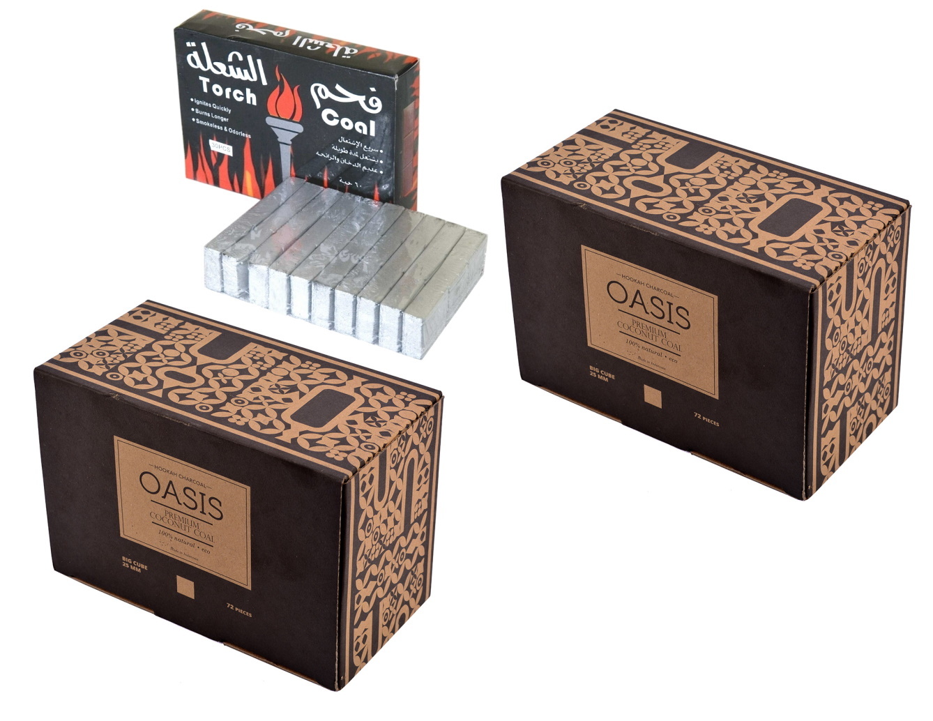 Уголь для кальяна кокос Oasis 25 мм 72 кубика, 1 кг х 2 шт, уголь Torch, 200 г