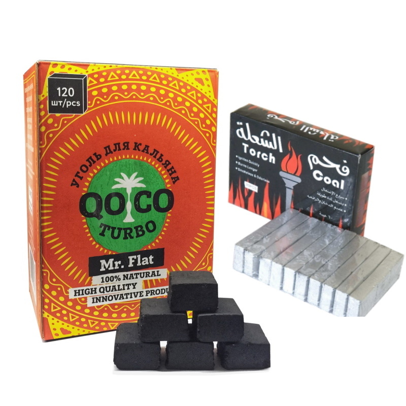 Уголь для кальяна Qoco Turbo кокос Mr.Flat 120 кубиков, 1 кг, уголь Torch, 200 г