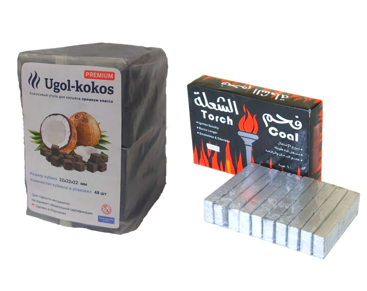 Уголь кокосовый ELG Ugol-Kokos Premium 22 мм 48 кубиков, 500 г, уголь Torch, 200 г