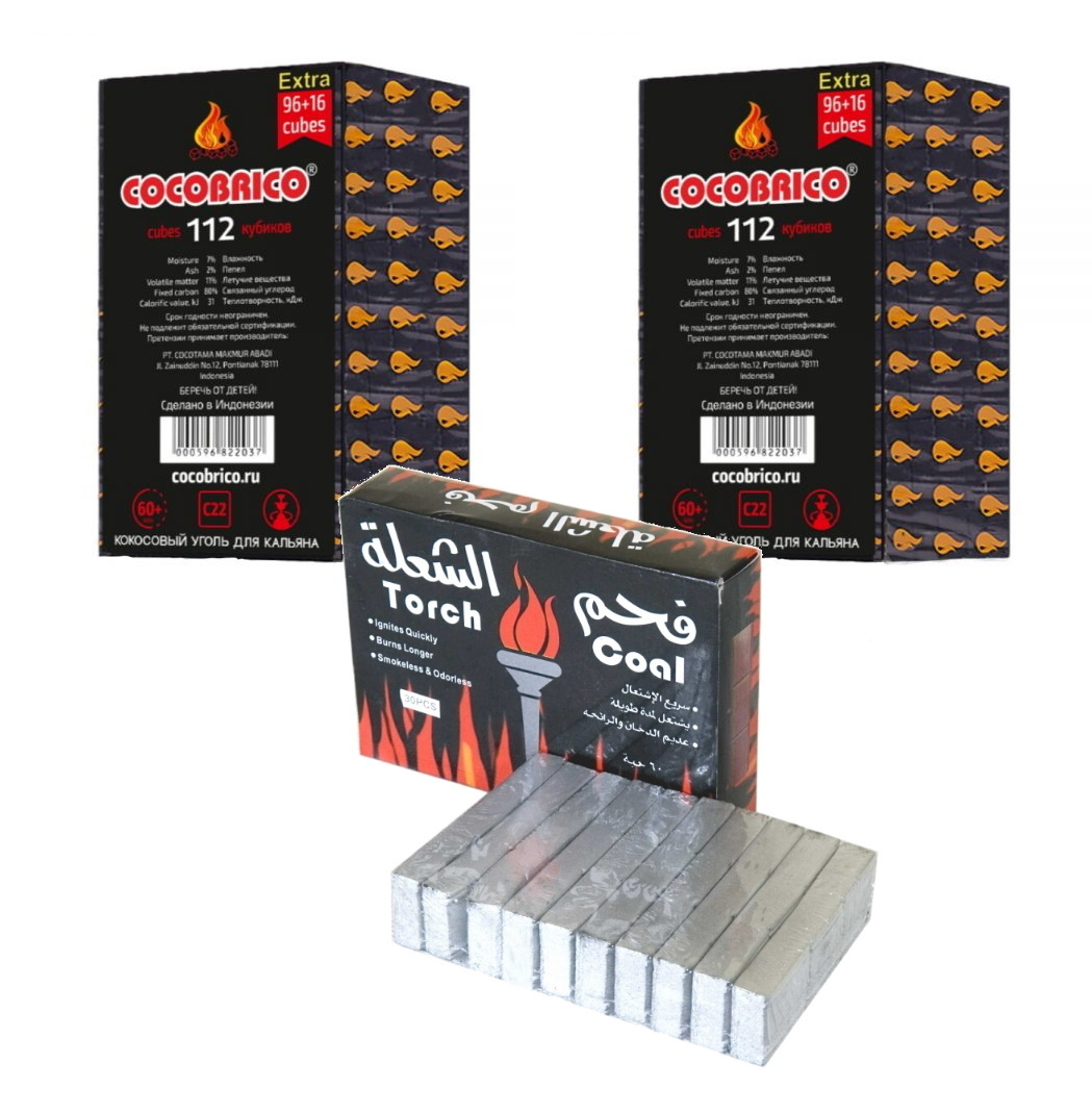 Уголь для кальяна Cocobrico кокос 22 мм 112 кубика, 1,17 кг х 2 шт, уголь Torch, 200 г
