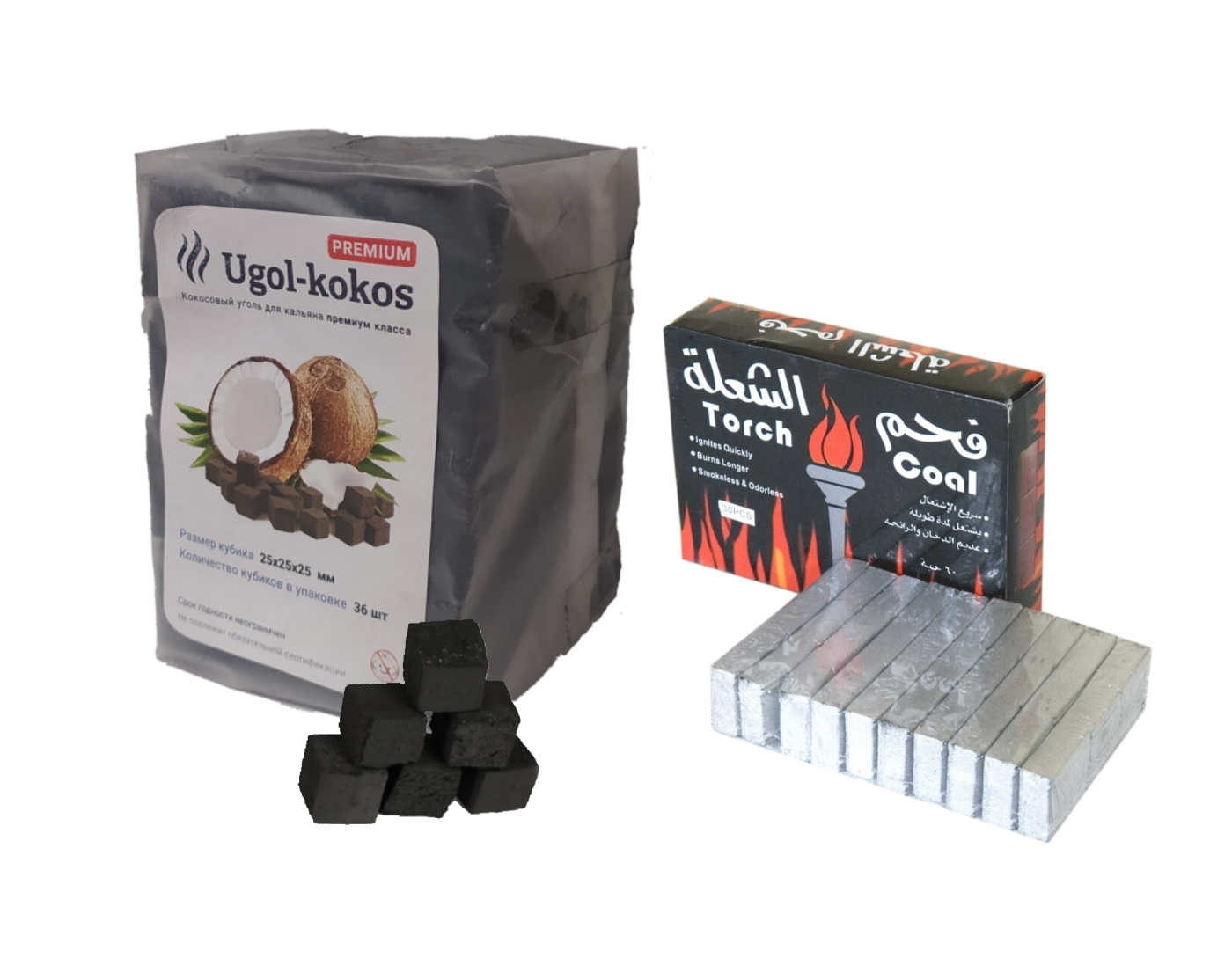 Набор угля для кальяна Ugol-Kokos Premium 25 мм 36 кубиков, 500 г, Torch 30 шт, 200 г