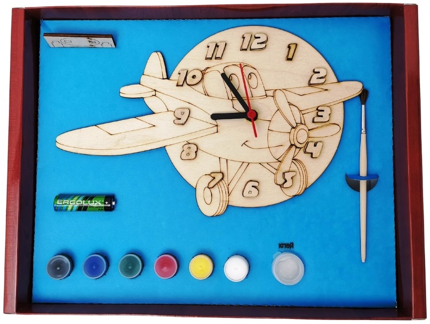 фото Часы с циферблатом под роспись самолет с красками арт.дни131 нескучные игры
