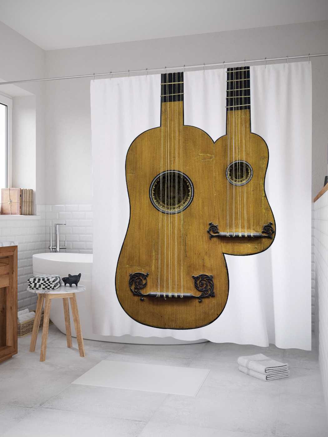 фото Штора для ванной joyarty "парижская двойная гитара" из сатена, 180х200 см с крючками