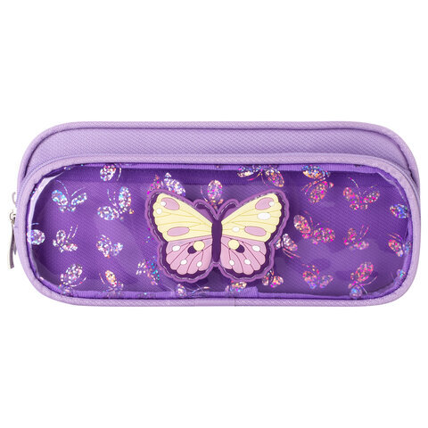 фото Пенал-косметичка юнландия, 2 отделения, полиэстер, butterfly, фиолетовый, 21х6х9 см 270256