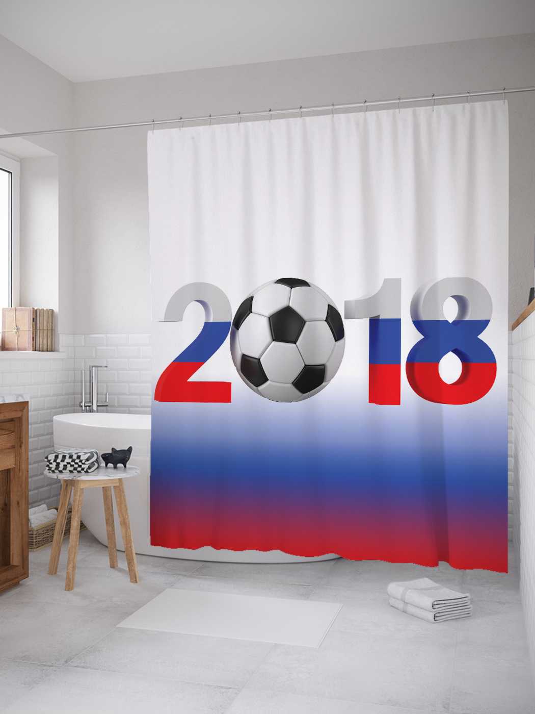 фото Штора для ванной joyarty "футбол 2018" из сатена, 180х200 см с крючками