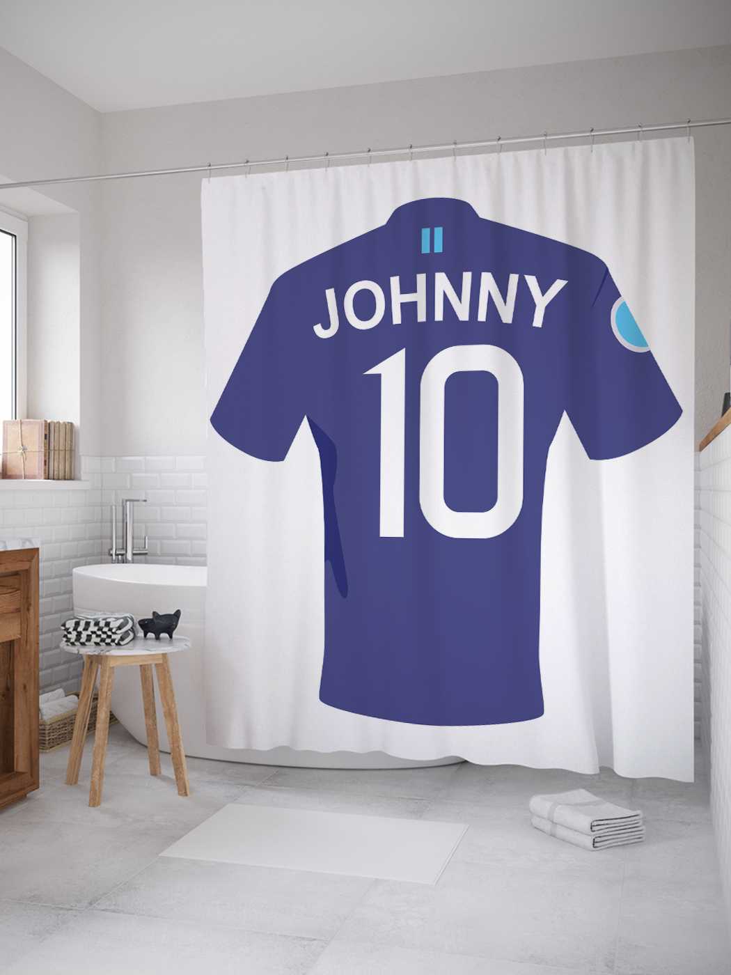 фото Штора для ванной joyarty "футболка джонни 10" из сатена, 180х200 см с крючками