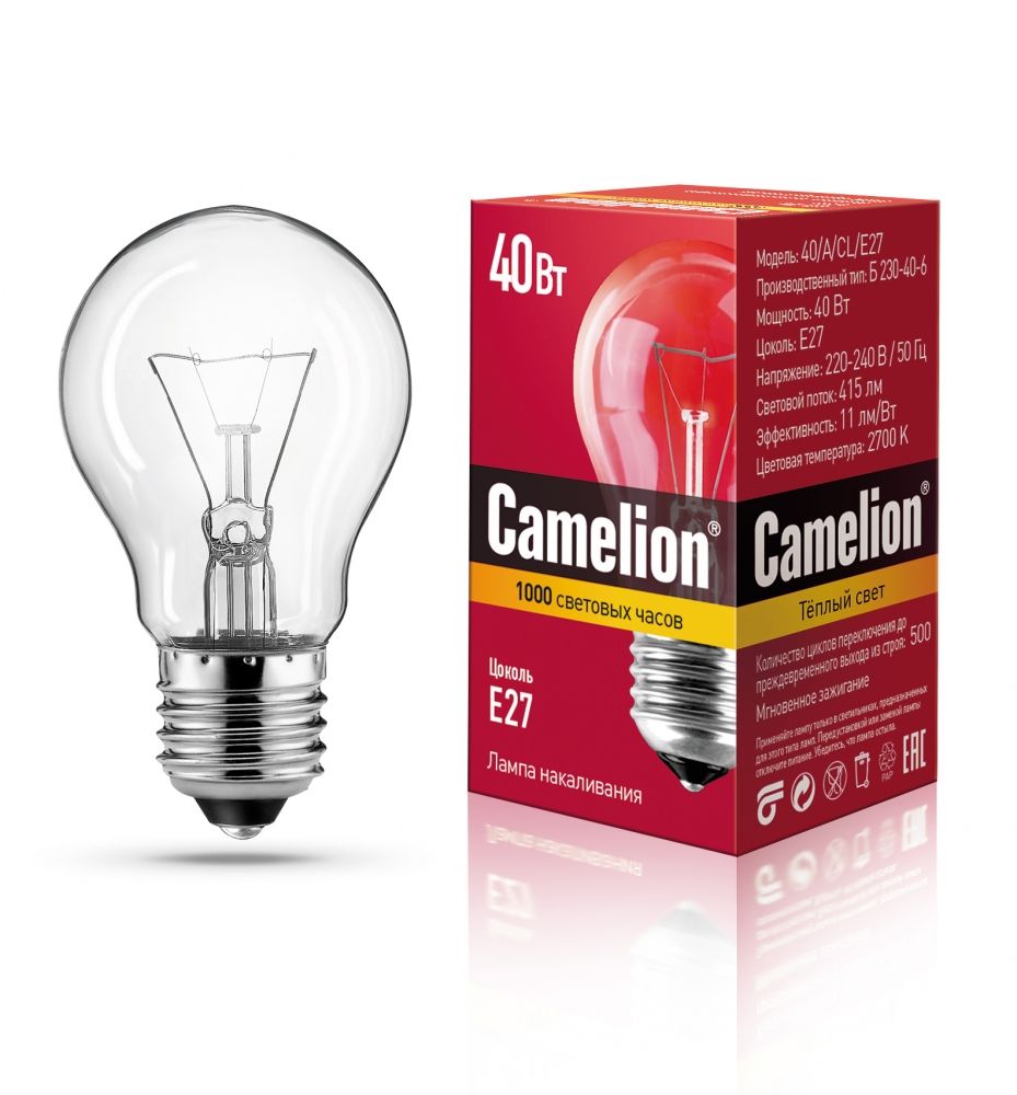 

Набор из 100 шт, Лампа накаливания Camelion 40 A CL E27
