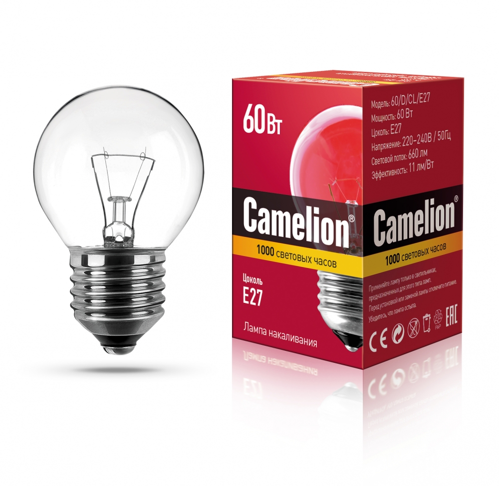 

Набор из 100 шт, Лампа накаливания Camelion 60 D CL E27