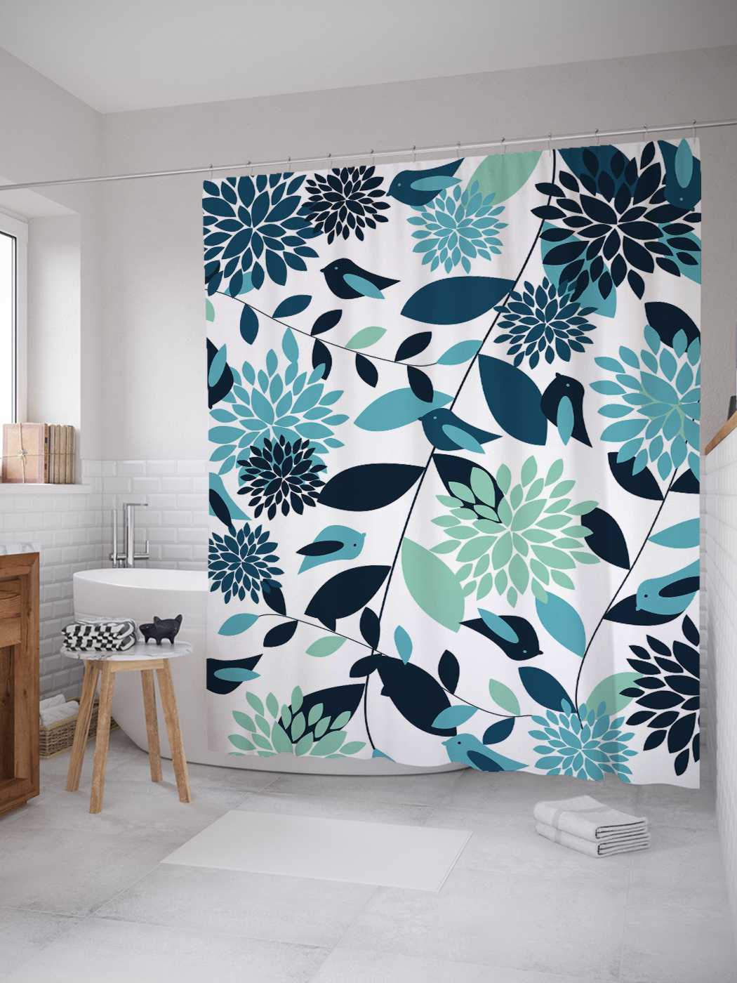 

Штора для ванной JoyArty "Птичий слет" из сатена, 180х200 см с крючками, Голубой