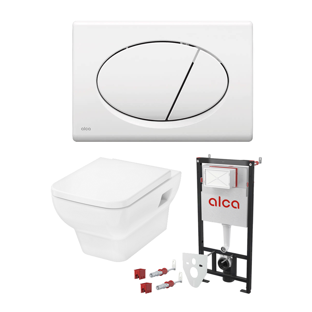 

Инсталляция с унитазом комплект Alcaplast Set 4v1 безободковый унитаз подвесной Hansgrohe