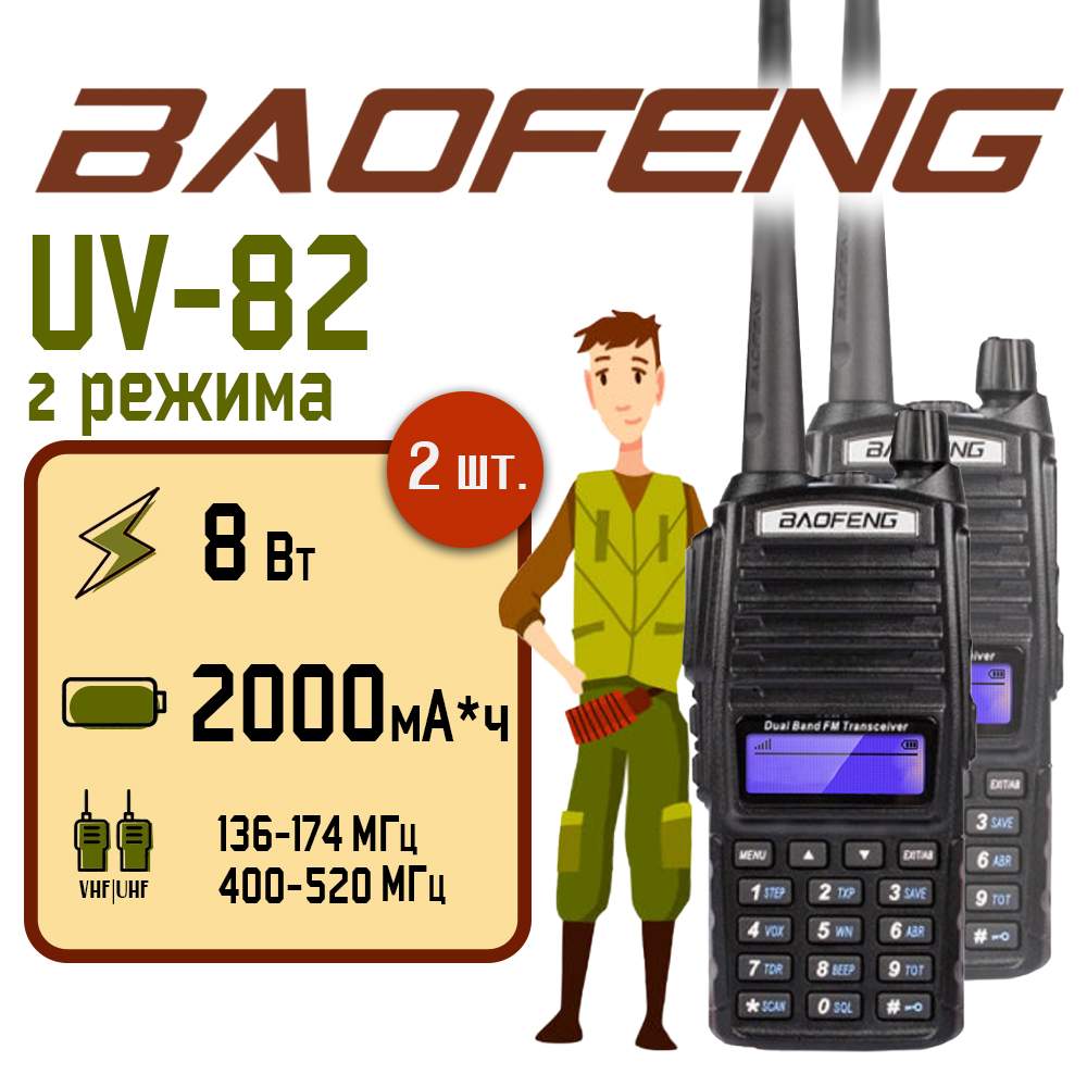 

Портативная рация Baofeng UV-82 8W, черная, 2 шт., Черный, UV-82 8W 2 режима