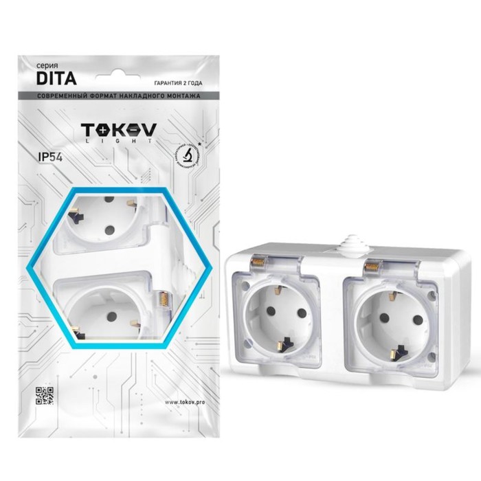 фото Розетка tokov electric, dita, 2-м, 16а, ip54, 250в, с з/к, с прозр. кр, белый