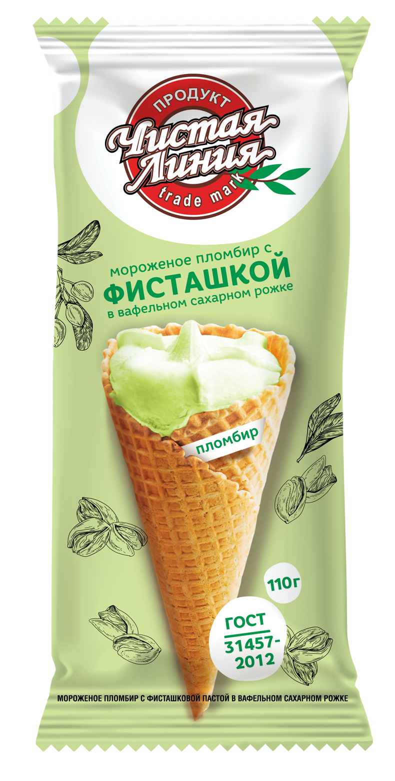 

Мороженое Чистая линия сахарный рожок, пломбир фисташковый, ГОСТ, 12%, 110 г