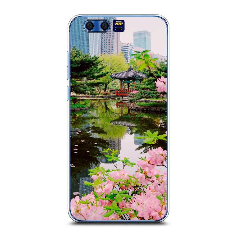 

Чехол на Honor 9 "Сакура возле озера", Зеленый;розовый;голубой, 62450-2