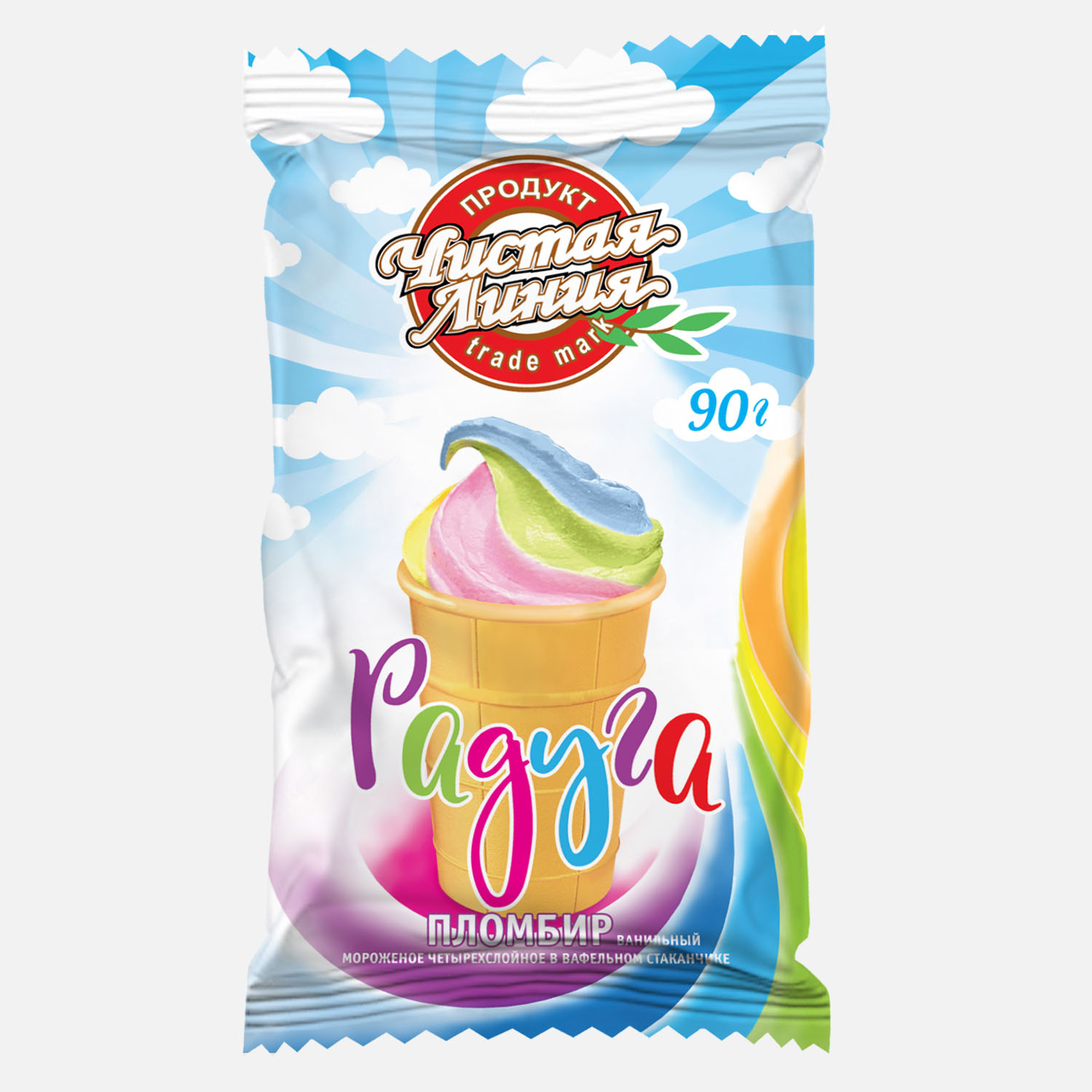 Мороженое Чистая линия  радуга, ванильное, стаканчик, 90 г